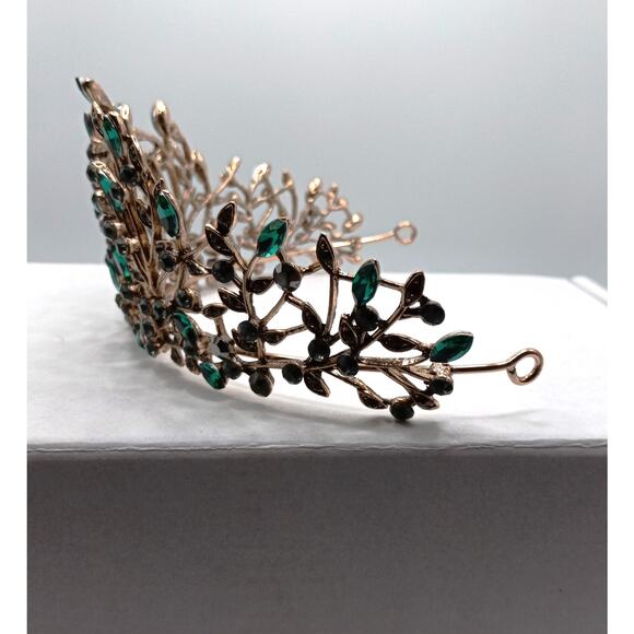 Golden Tiara Leaf with Green Glass Crystals Bridal Prom Crown Headpiece - Picture 5 of 5